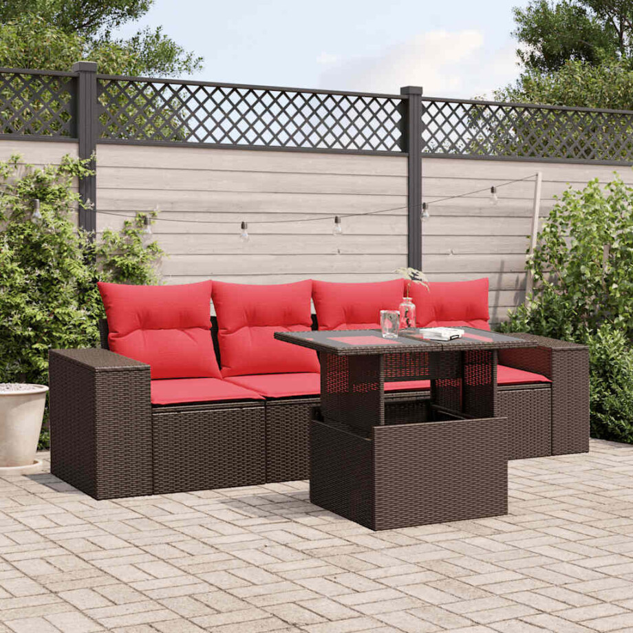 vidaXL 5-delige tuinbankset met kussens, bruin polyrotan afbeelding 1