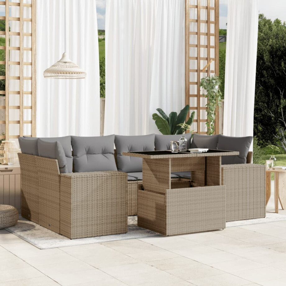 vidaXL 7-delige Loungeset met kussens poly rattan beige vidaXL 7-delige Loungeset met kussens poly rattan beige afbeelding 1