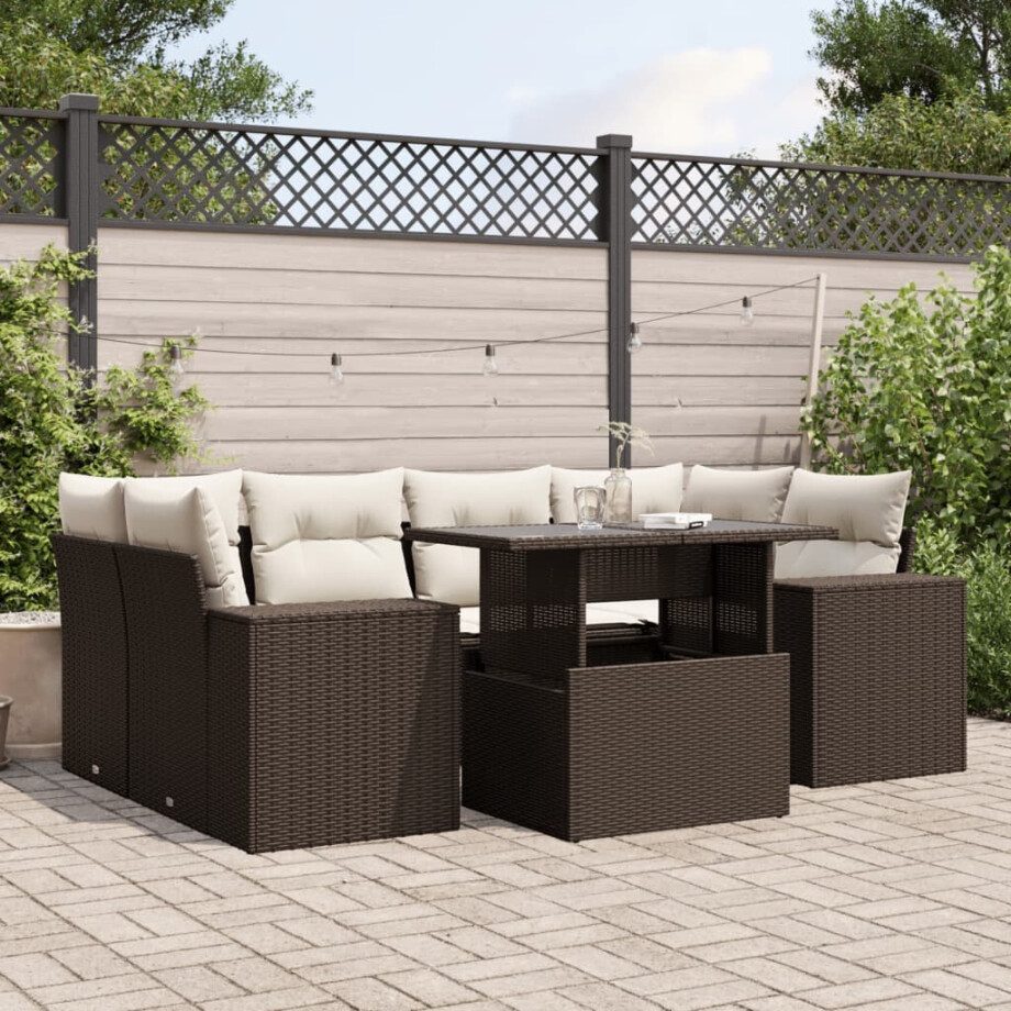 vidaXL 7-delige Loungeset met kussens poly rattan bruin vidaXL 7-delige Loungeset met kussens poly rattan bruin afbeelding 1