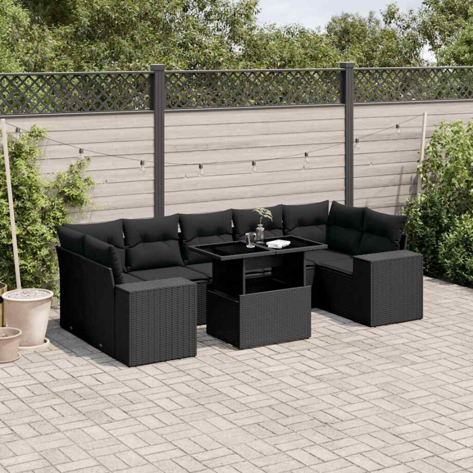 vidaXL 8-delige Loungeset met kussens poly rattan zwart afbeelding 1