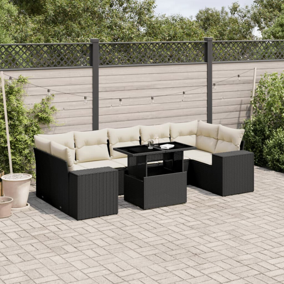 vidaXL 8-delige Loungeset met kussens poly rattan zwart afbeelding 1