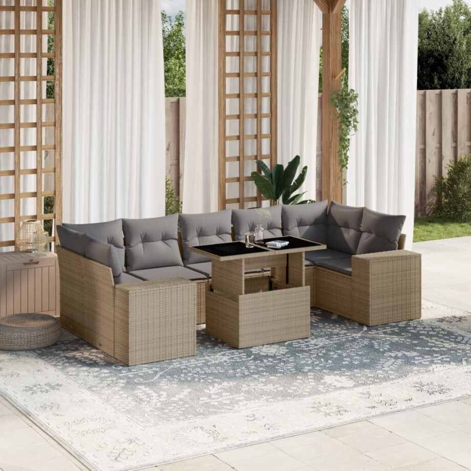vidaXL 8-delige Loungeset met kussens poly rattan beige afbeelding 1