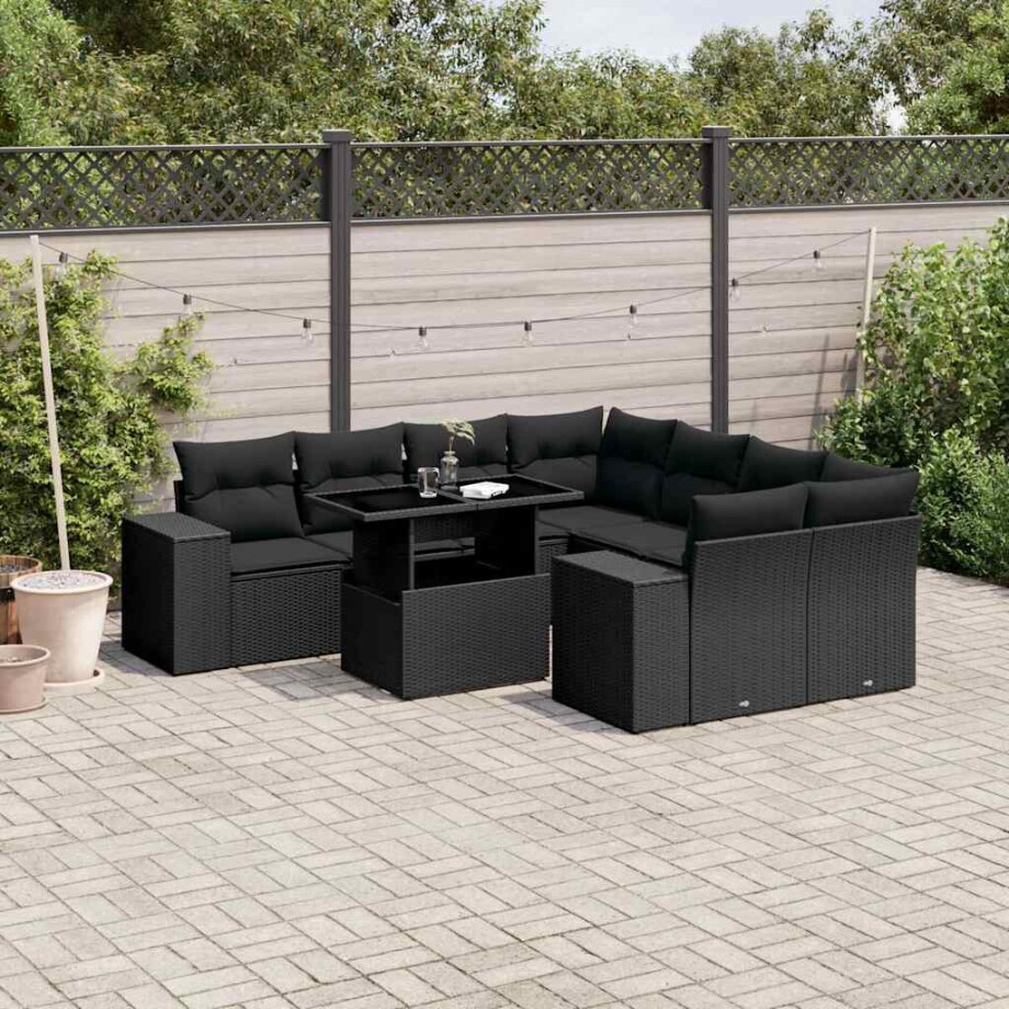 vidaXL 9-delige Loungeset met kussens poly rattan zwart afbeelding 1