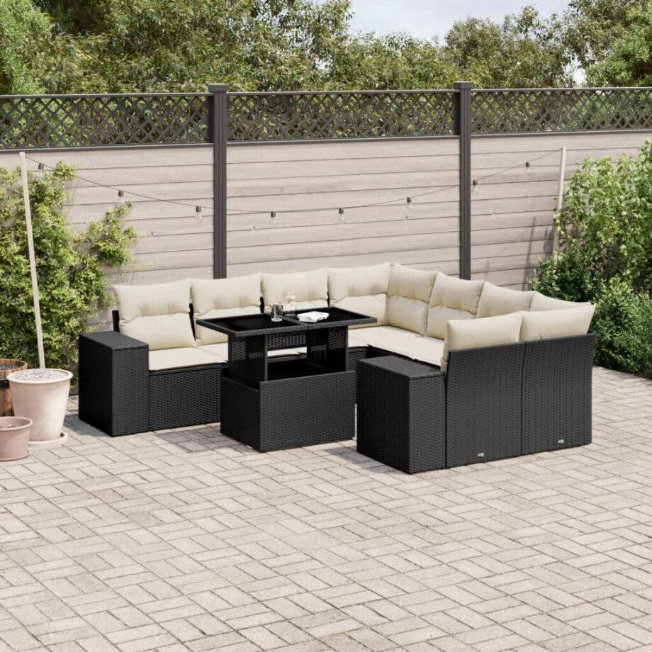vidaXL 9-delige Loungeset met kussens poly rattan zwart afbeelding 1