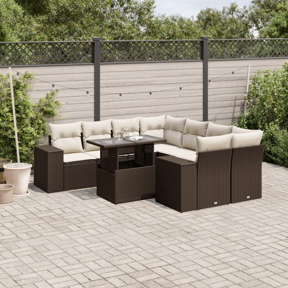vidaXL 9-delige Loungeset met kussens poly rattan bruin afbeelding 1