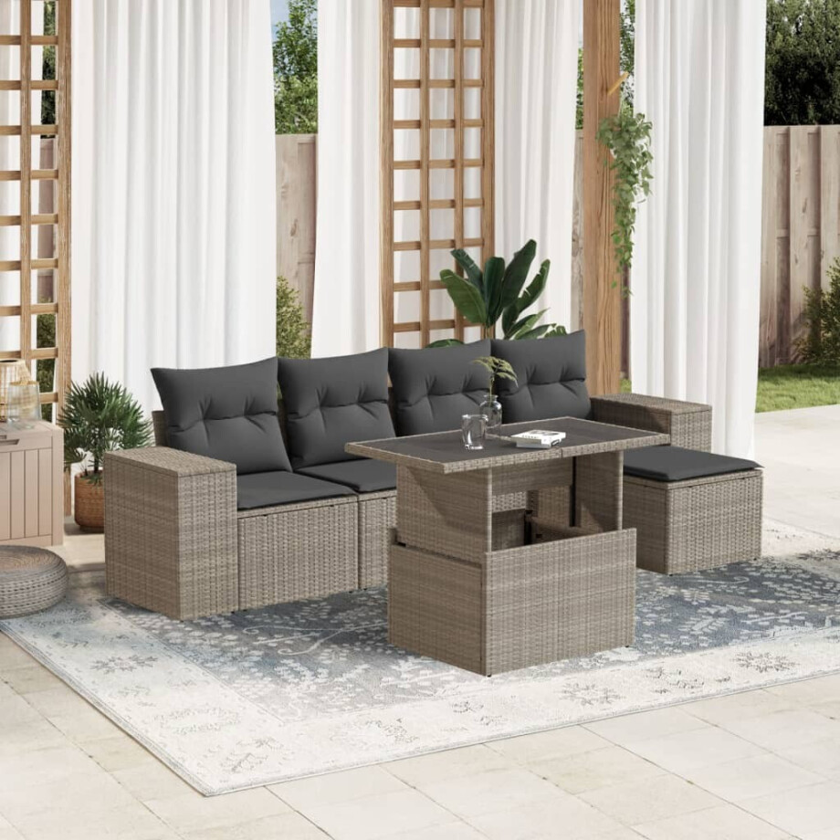 vidaXL 6-delige Loungeset met kussens poly rattan lichtgrijs afbeelding 1