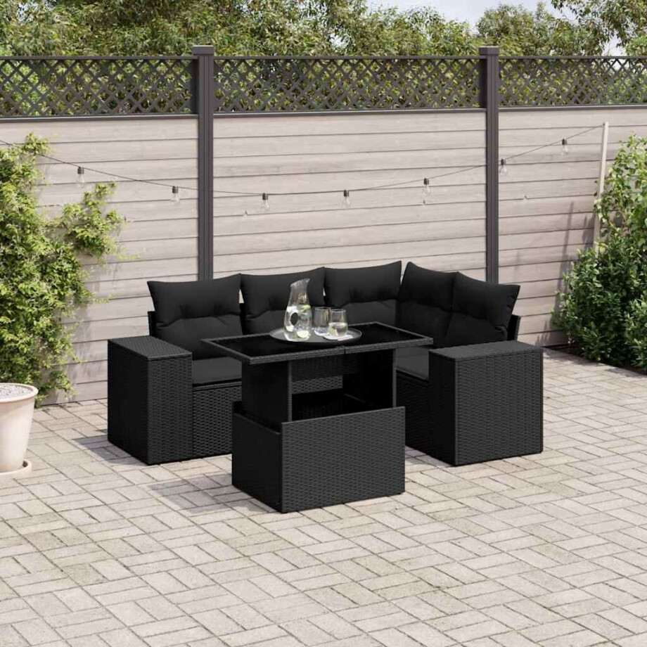 vidaXL 5-delige Loungeset met kussens poly rattan zwart afbeelding 1