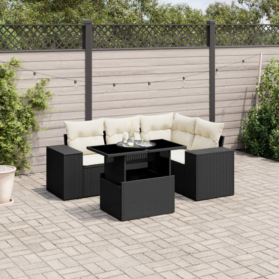 vidaXL 5-delige Loungeset met kussens poly rattan zwart afbeelding 1