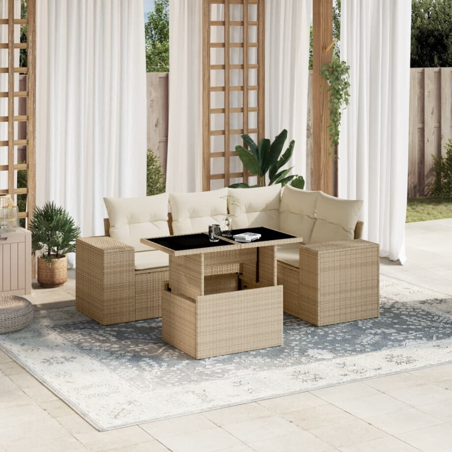 vidaXL 5-delige Loungeset met kussens poly rattan beige afbeelding 1