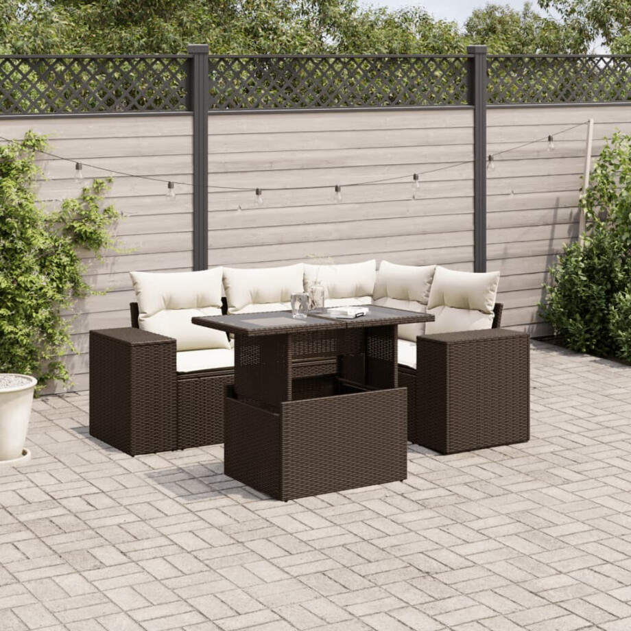 vidaXL 5-delige Loungeset met kussens poly rattan bruin vidaXL 5-delige Loungeset met kussens poly rattan bruin afbeelding 1