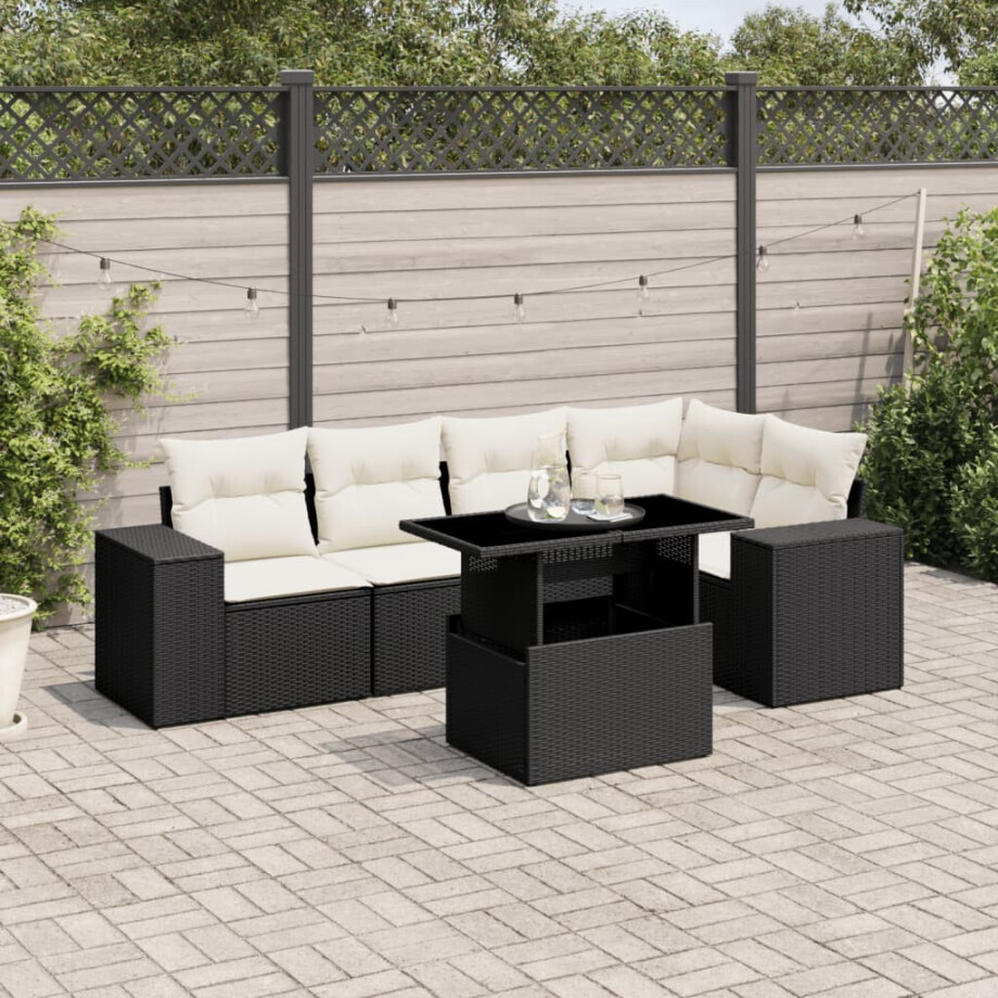 vidaXL 6-delige Loungeset met kussens poly rattan zwart afbeelding 1
