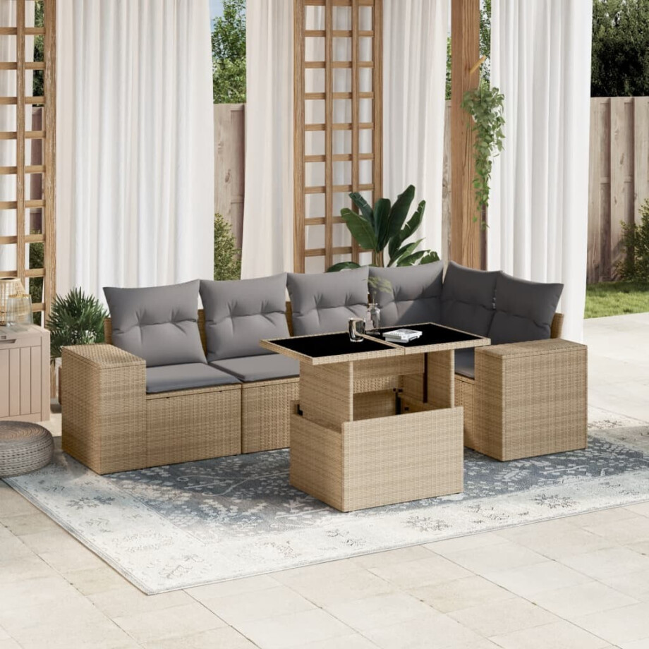 vidaXL 6-delige Loungeset met kussens poly rattan beige afbeelding 1
