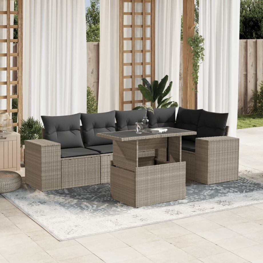 vidaXL 6-delige Loungeset met kussens poly rattan lichtgrijs afbeelding 1