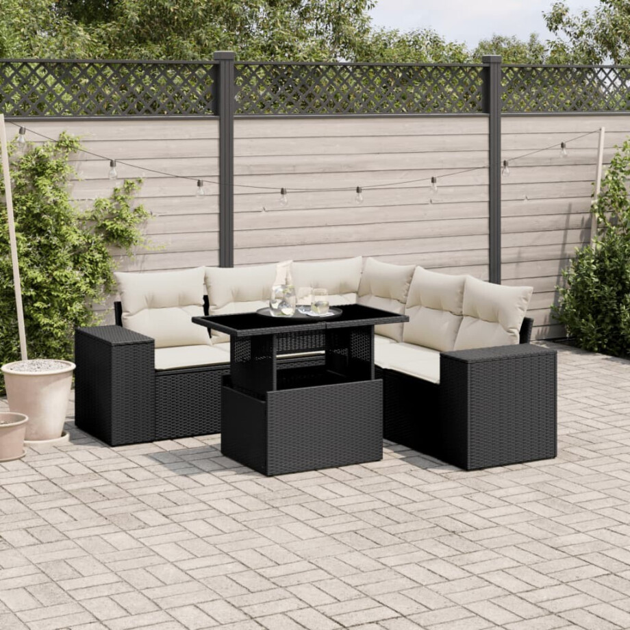 vidaXL 6-delige Loungeset met kussens poly rattan zwart afbeelding 1