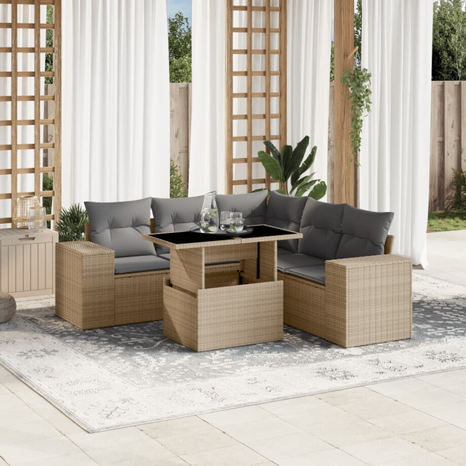 vidaXL 6-delige Loungeset met kussens poly rattan beige afbeelding 1
