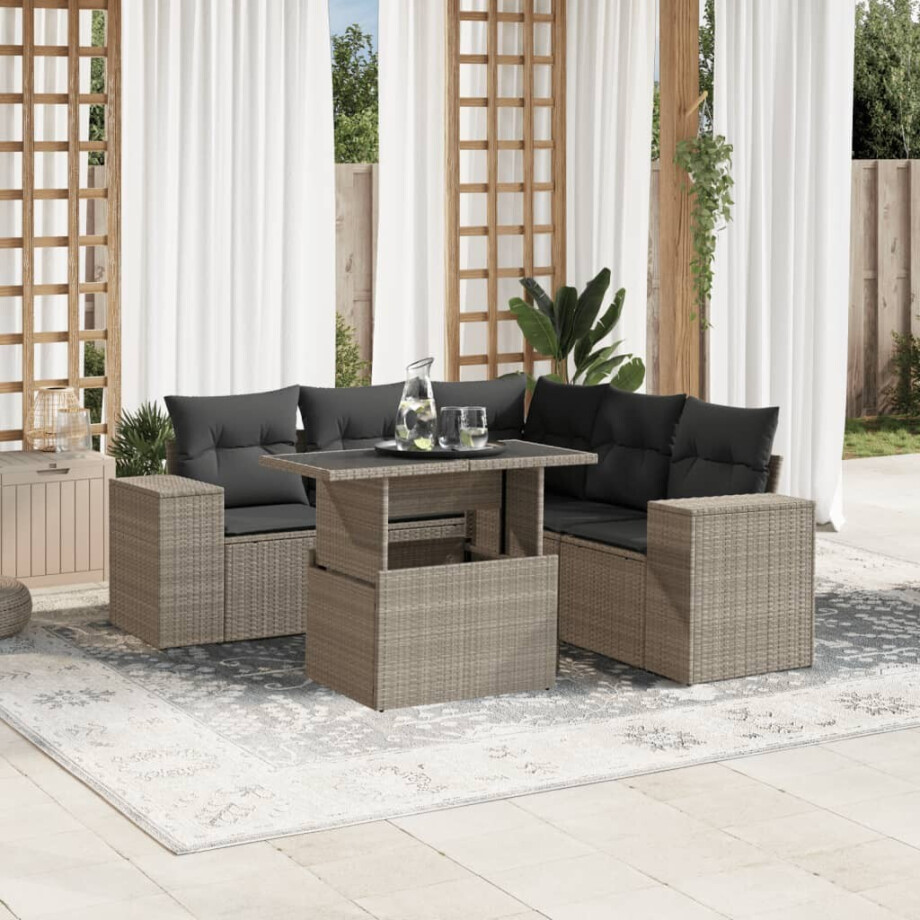 vidaXL 6-delige Loungeset met kussens poly rattan lichtgrijs afbeelding 1