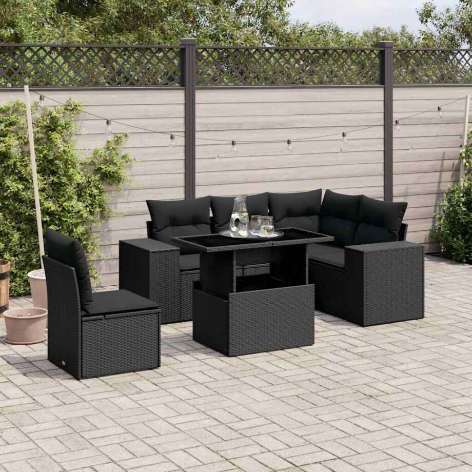 vidaXL 6-delige Loungeset met kussens poly rattan zwart afbeelding 1