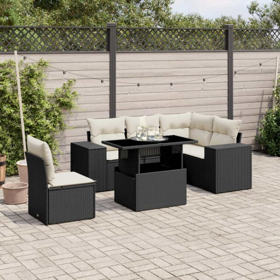 vidaXL 6-delige Loungeset met kussens poly rattan zwart vidaXL 6-delige Loungeset met kussens poly rattan zwart afbeelding 1