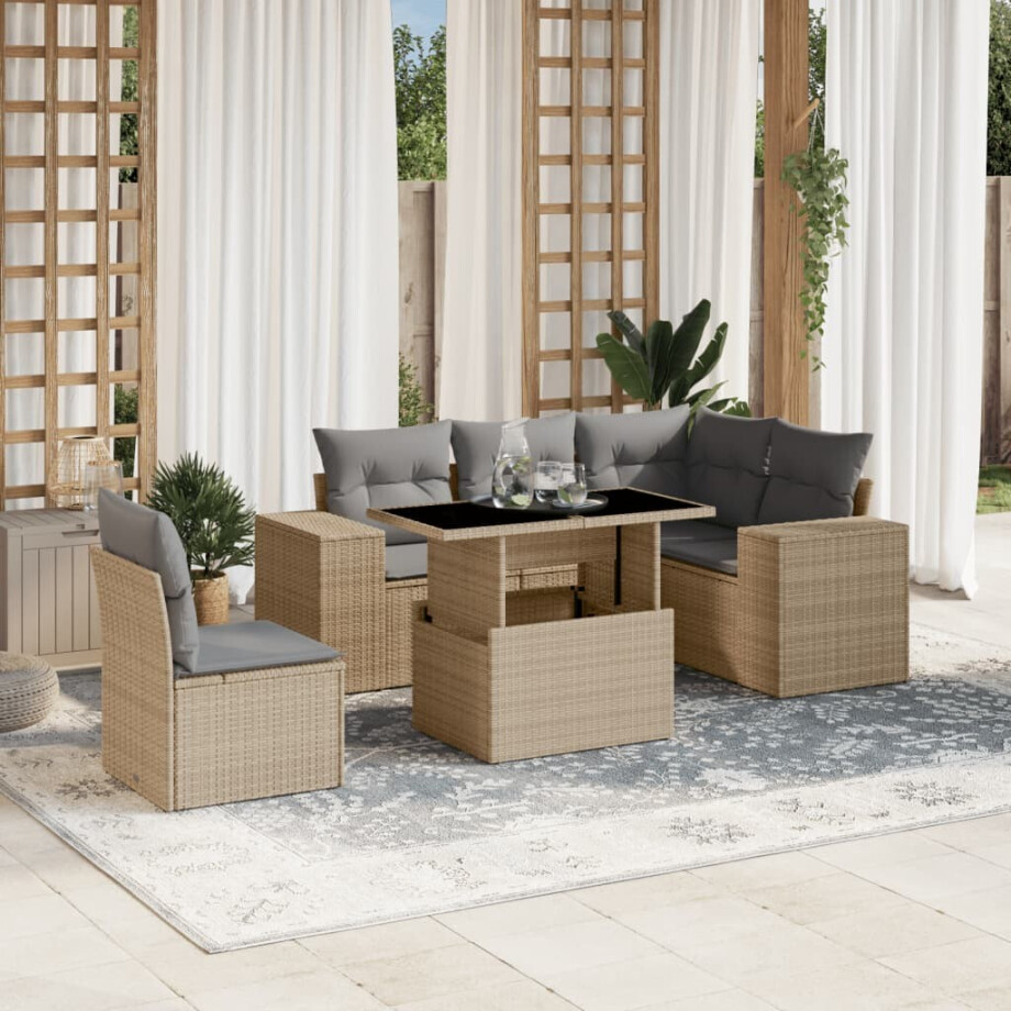 vidaXL 6-delige Loungeset met kussens poly rattan beige afbeelding 1