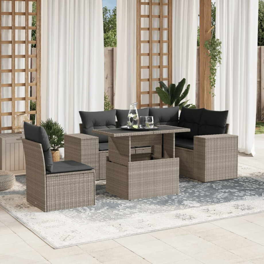 vidaXL 6-delige Loungeset met kussens poly rattan lichtgrijs afbeelding 1
