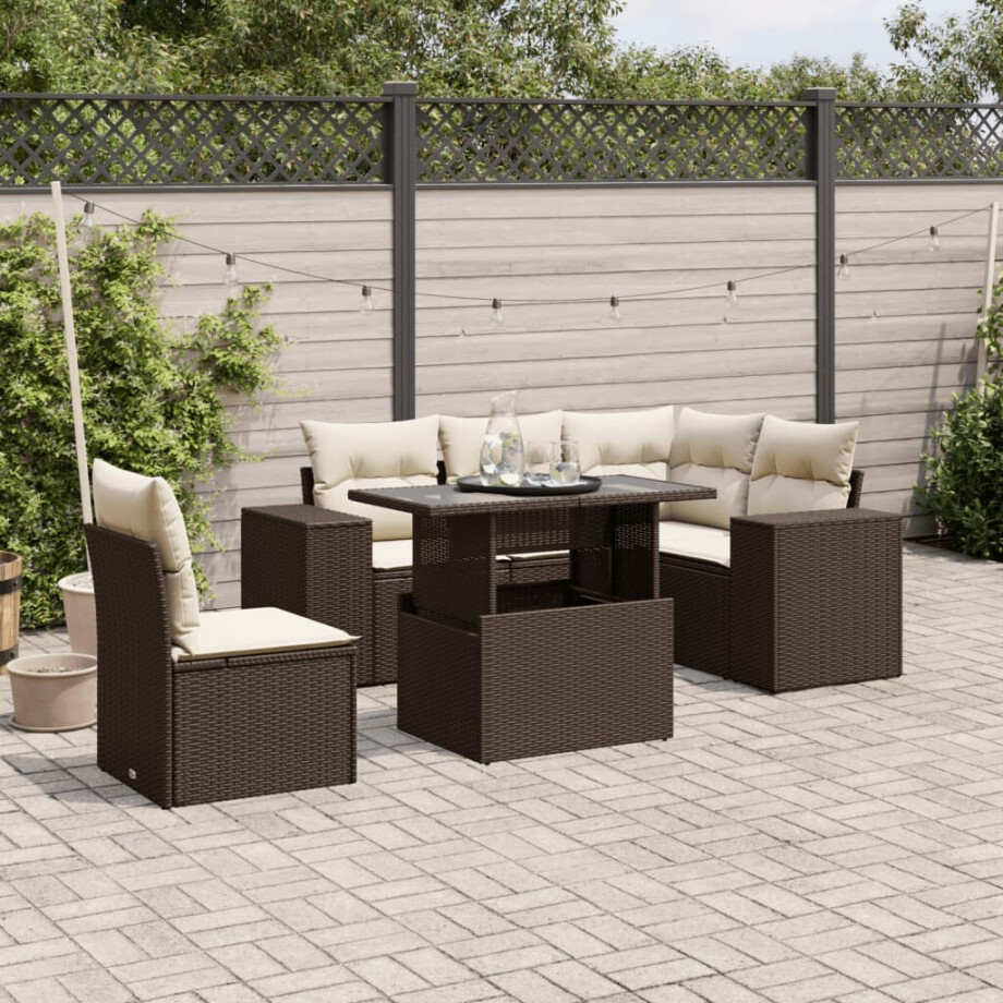 vidaXL 6-delige Loungeset met kussens poly rattan bruin vidaXL 6-delige Loungeset met kussens poly rattan bruin afbeelding 1