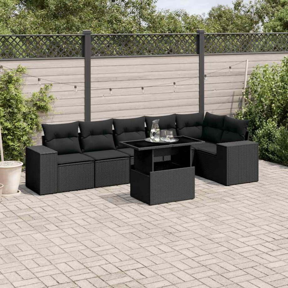 vidaXL 7-delige Loungeset met kussens poly rattan zwart afbeelding 1