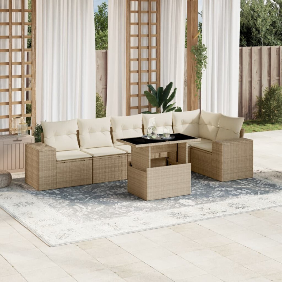 vidaXL 7-delige Loungeset met kussens poly rattan beige afbeelding 1