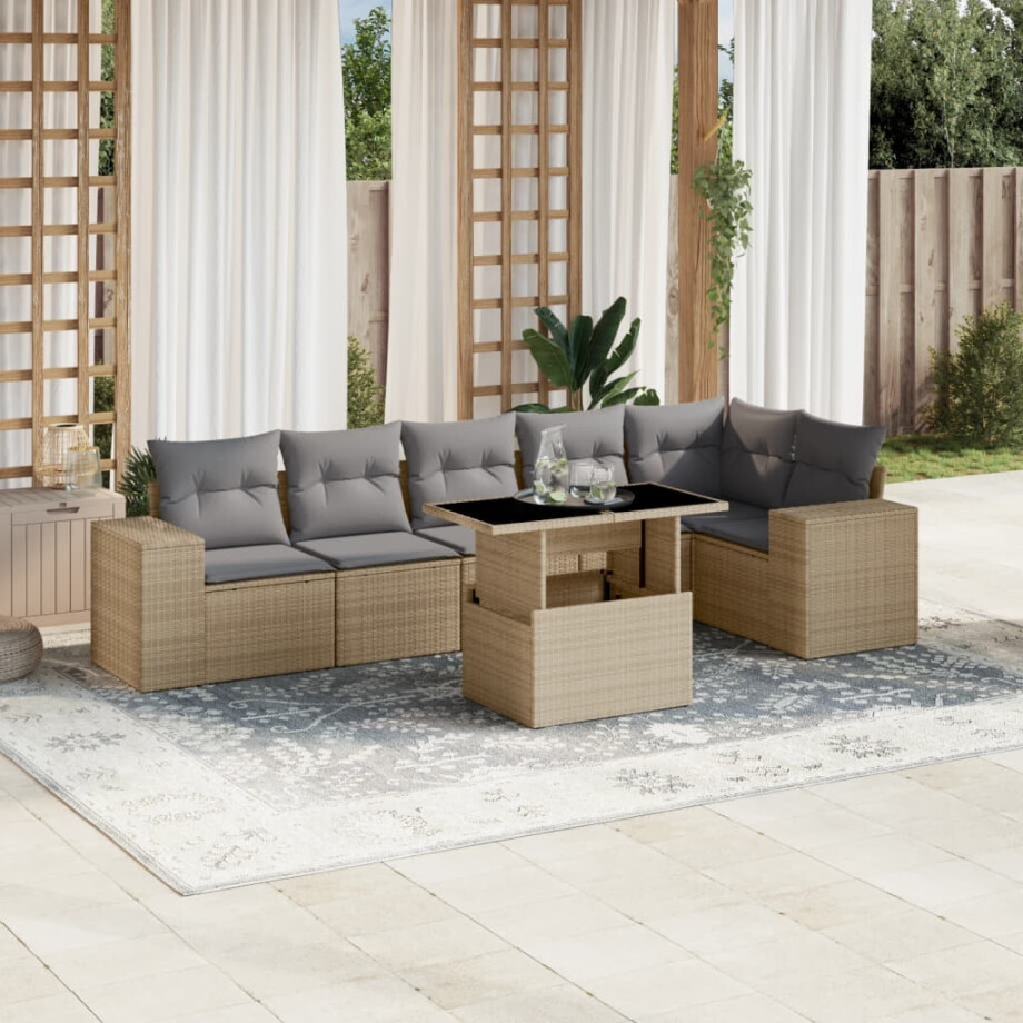 vidaXL 7-delige Loungeset met kussens poly rattan beige afbeelding 1