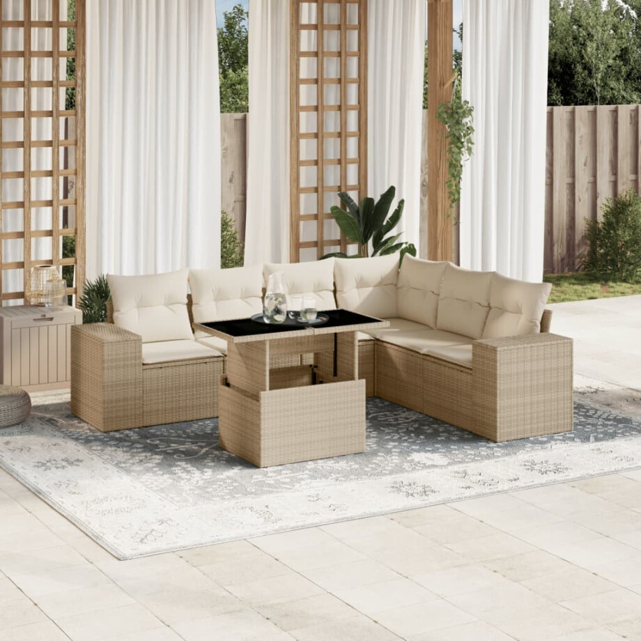 vidaXL 7-delige Loungeset met kussens poly rattan beige afbeelding 1