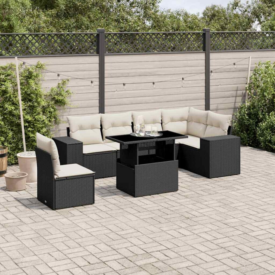 vidaXL 7-delige Loungeset met kussens poly rattan zwart afbeelding 1
