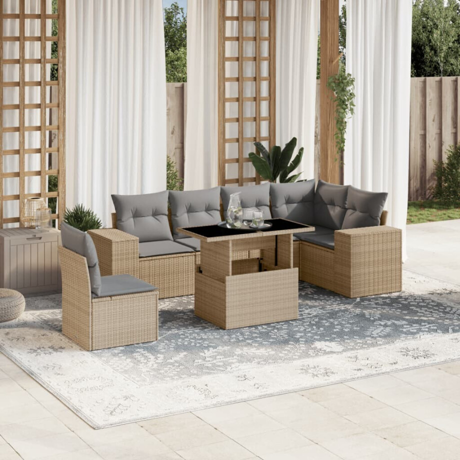 vidaXL 7-delige Loungeset met kussens poly rattan beige afbeelding 1