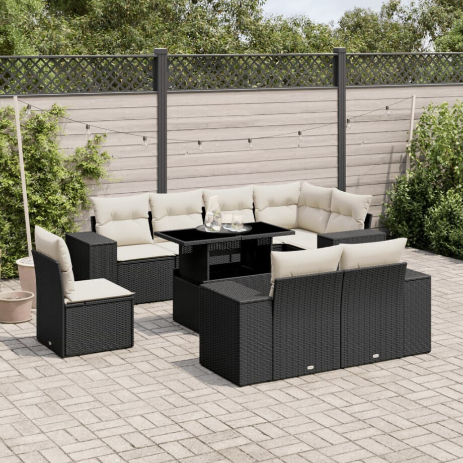 vidaXL 9-delige Loungeset met kussens poly rattan zwart afbeelding 1