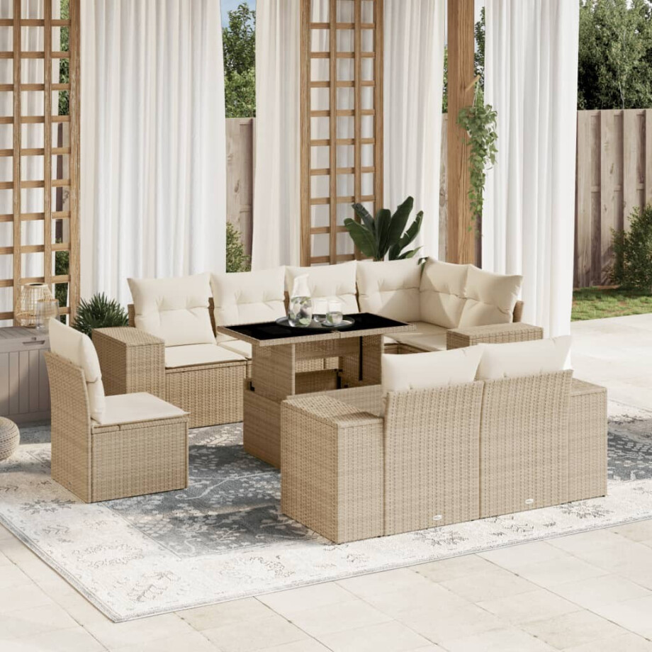 vidaXL 9-delige Loungeset met kussens poly rattan beige afbeelding 1