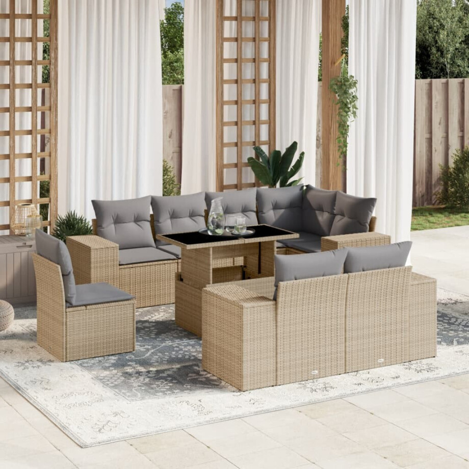 vidaXL 9-delige Loungeset met kussens poly rattan beige afbeelding 1
