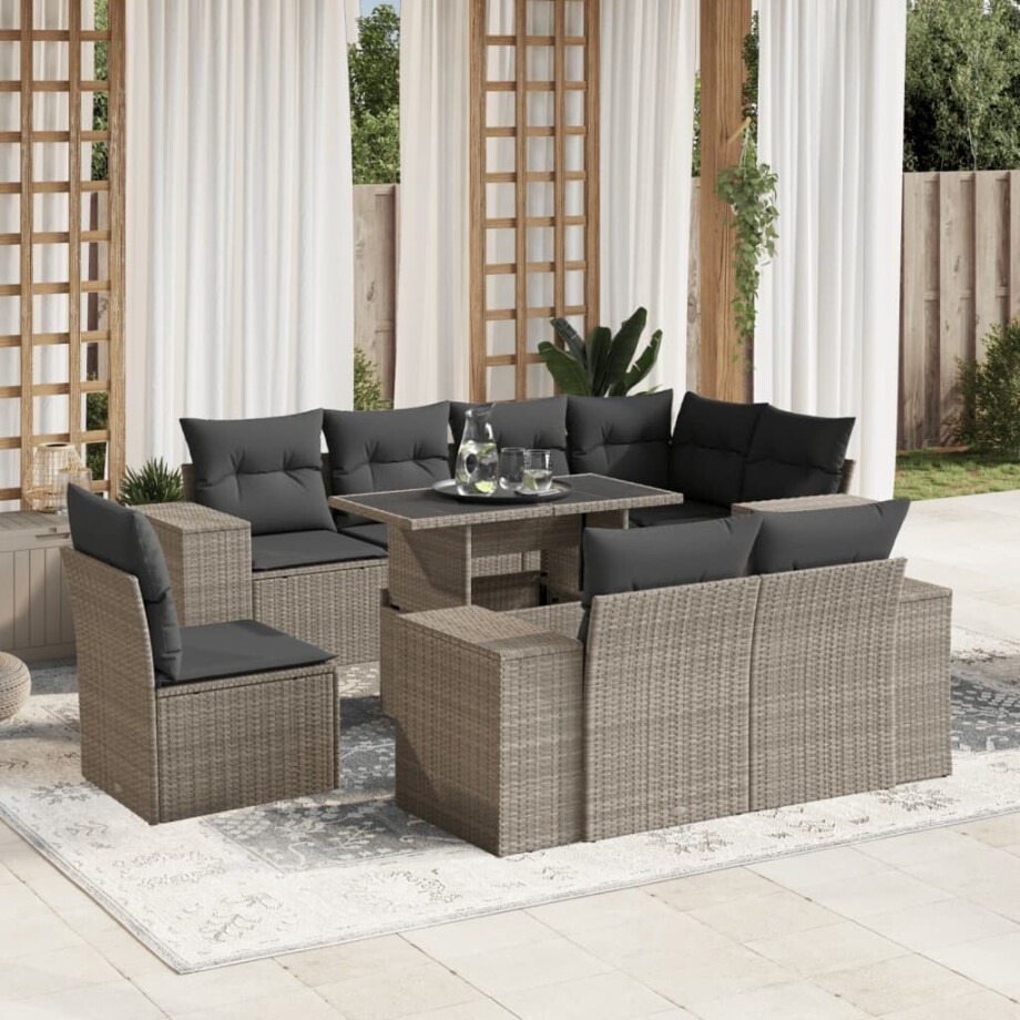 vidaXL 9-delige Loungeset met kussens poly rattan lichtgrijs afbeelding 1