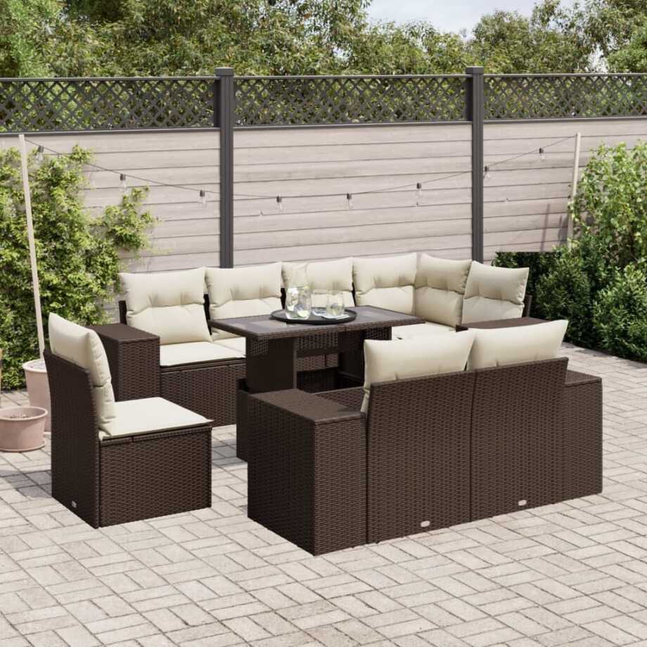 vidaXL 9-delige Loungeset met kussens poly rattan bruin afbeelding 1