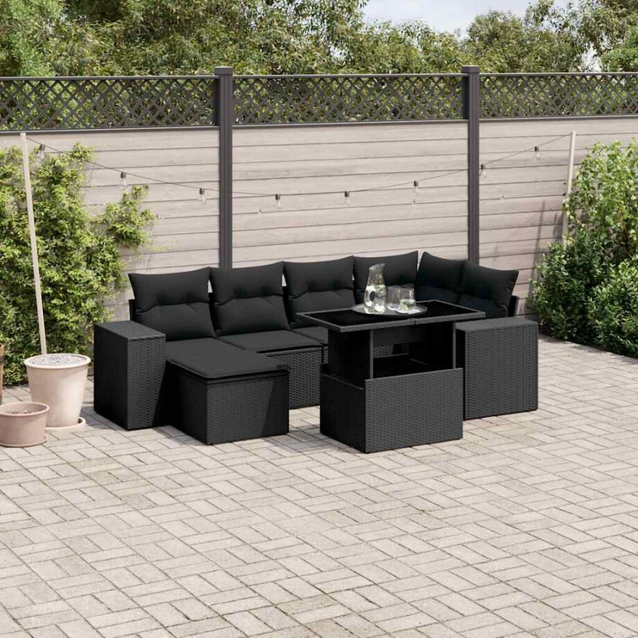 vidaXL 7-delige Loungeset met kussens poly rattan zwart afbeelding 1
