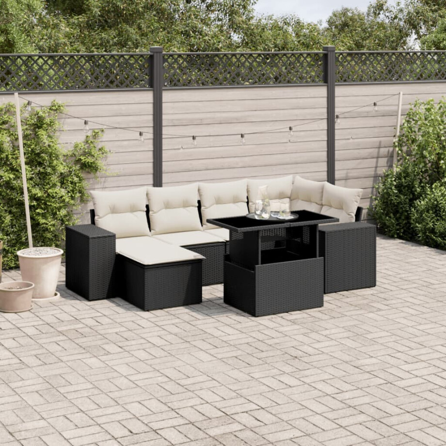 vidaXL 7-delige Loungeset met kussens poly rattan zwart afbeelding 1
