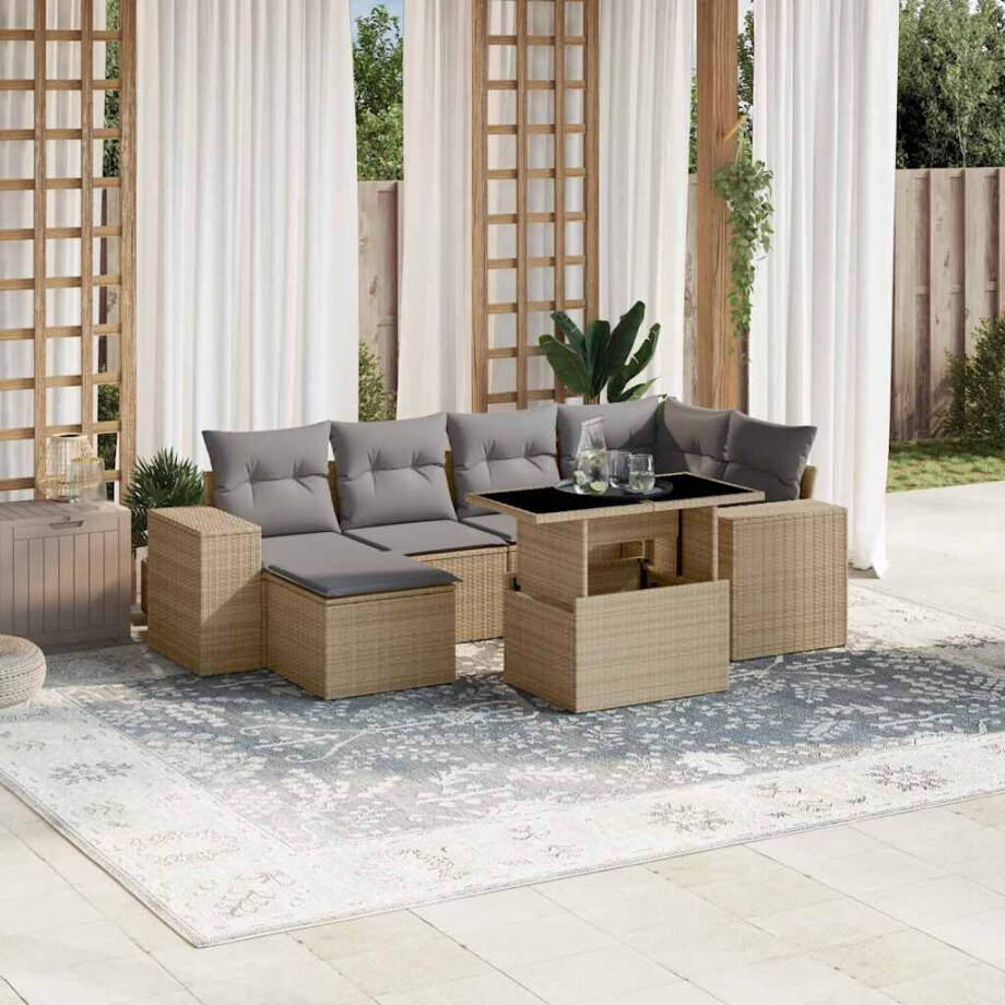 vidaXL 7-delige Loungeset met kussens poly rattan beige afbeelding 1