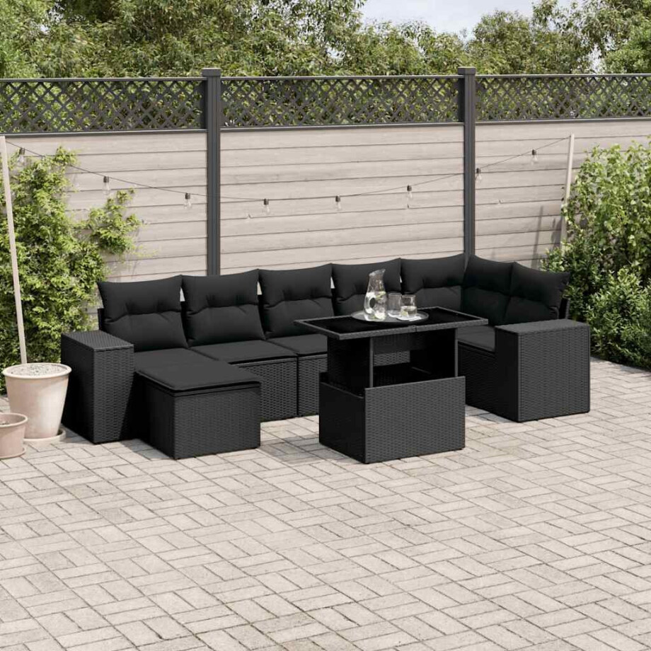 vidaXL 8-delige Loungeset met kussens poly rattan zwart afbeelding 1