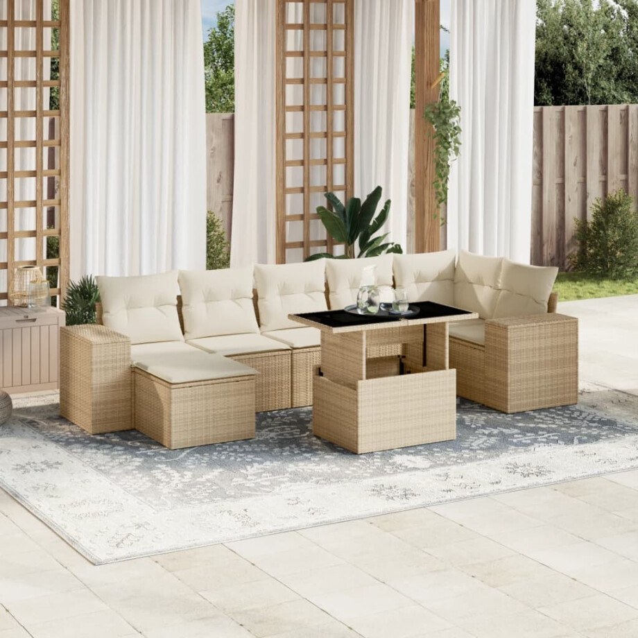 vidaXL 8-delige Loungeset met kussens poly rattan beige afbeelding 1