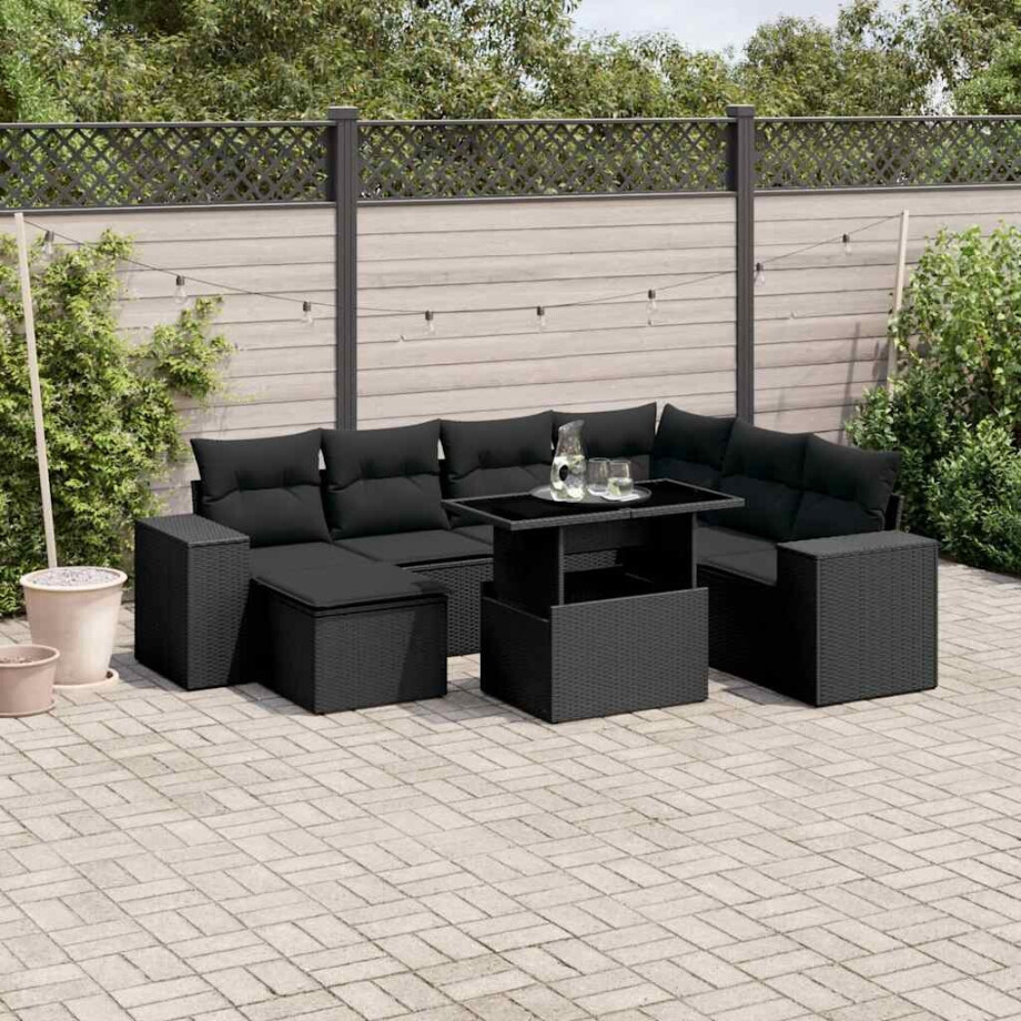 vidaXL 8-delige Loungeset met kussens poly rattan zwart afbeelding 1