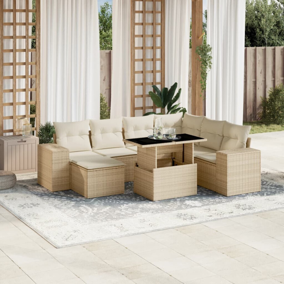 vidaXL 8-delige Loungeset met kussens poly rattan beige afbeelding 1