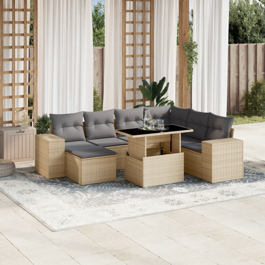 vidaXL 8-delige Loungeset met kussens poly rattan beige afbeelding 1