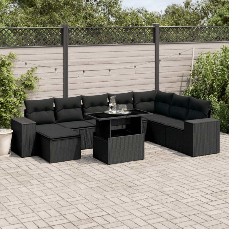 vidaXL 9-delige Loungeset met kussens poly rattan zwart afbeelding 1