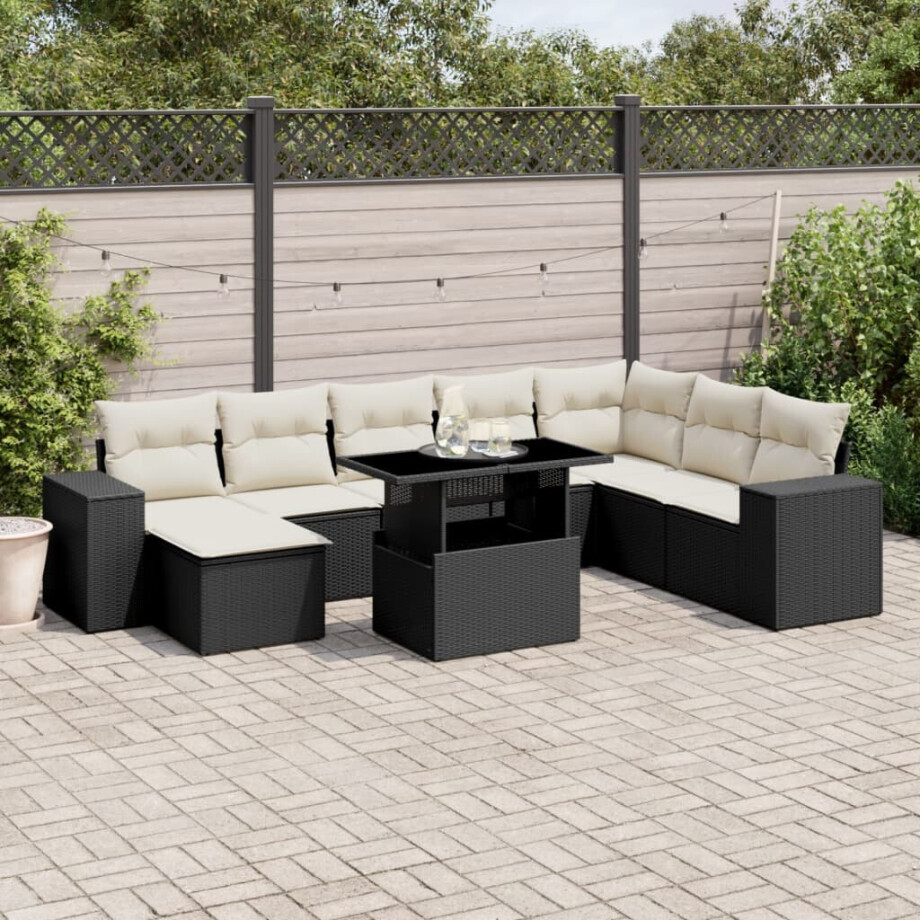 vidaXL 9-delige Loungeset met kussens poly rattan zwart afbeelding 1