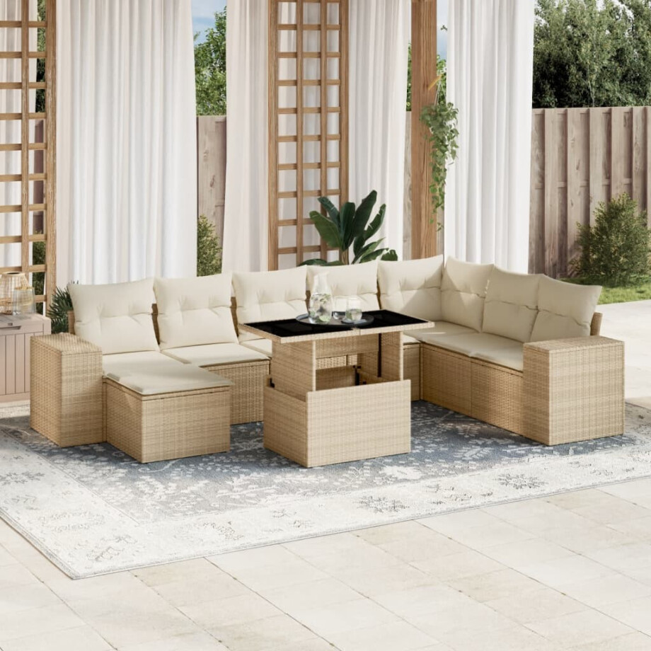vidaXL 9-delige Loungeset met kussens poly rattan beige afbeelding 1