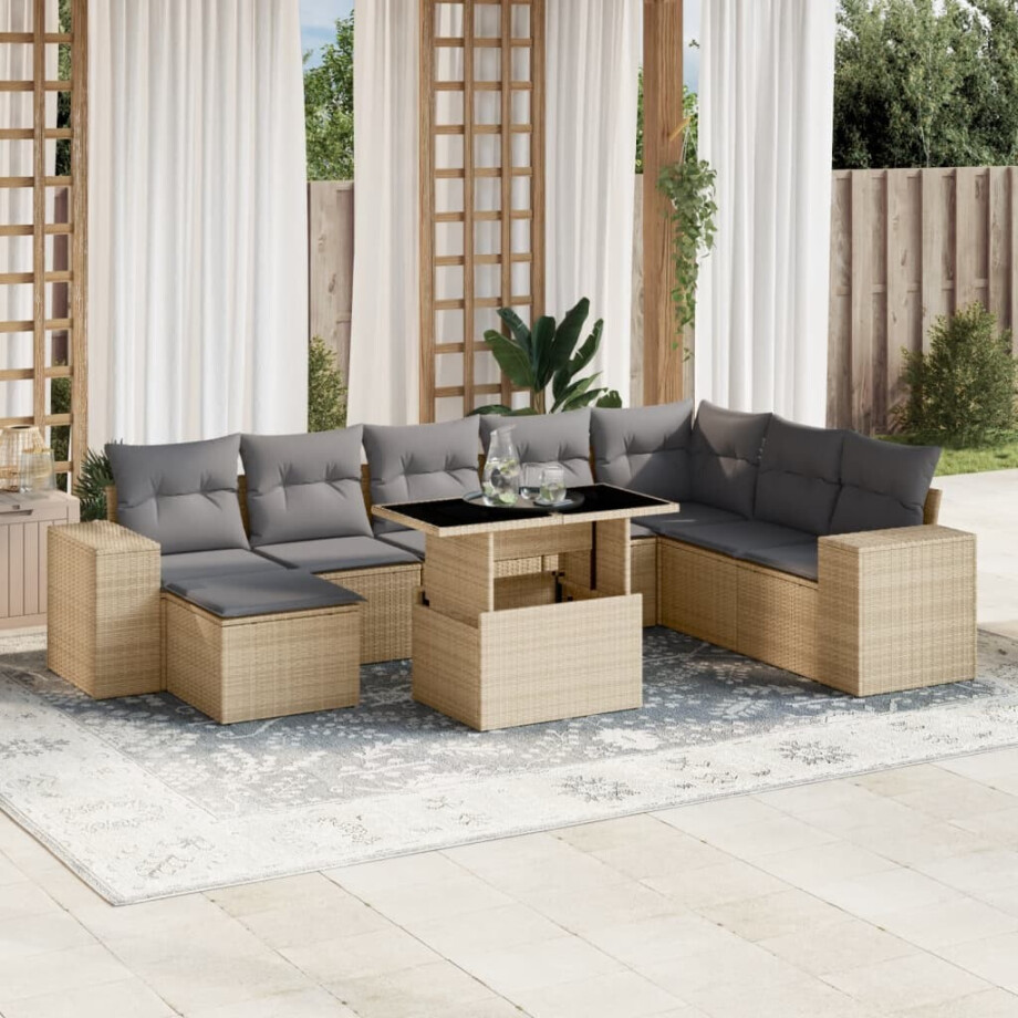 vidaXL 9-delige Loungeset met kussens poly rattan beige afbeelding 1