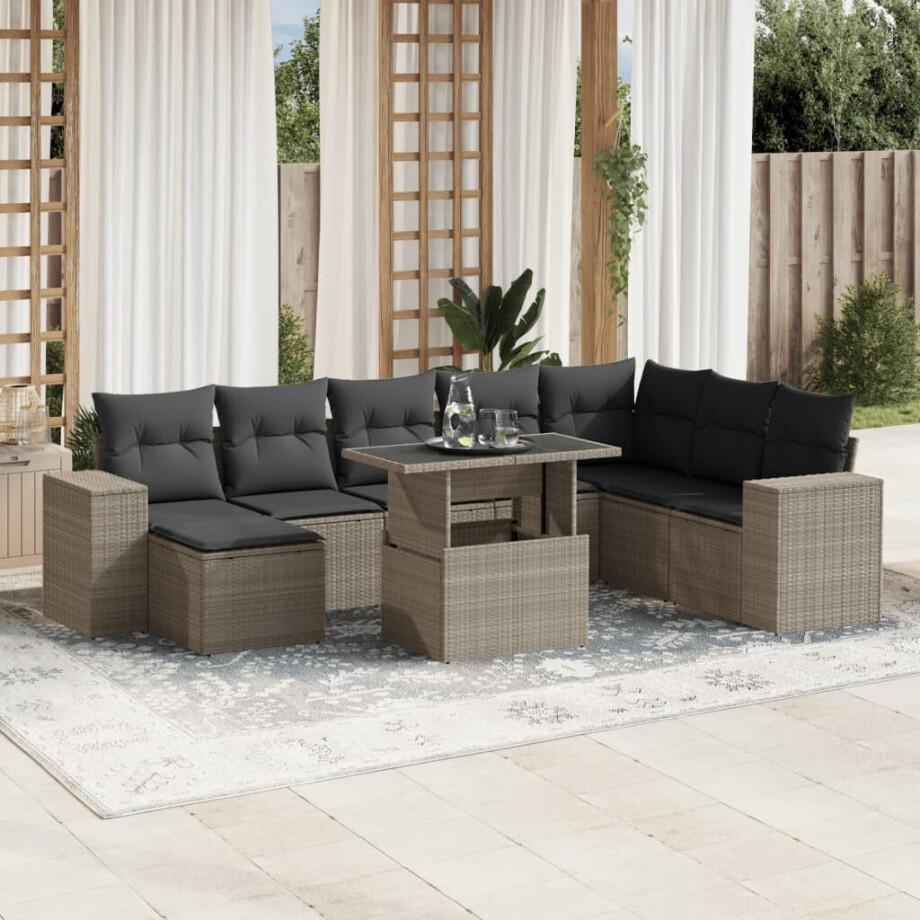 vidaXL 9-delige Loungeset met kussens poly rattan lichtgrijs afbeelding 1