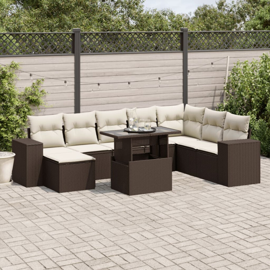 vidaXL 9-delige Loungeset met kussens poly rattan bruin vidaXL 9-delige Loungeset met kussens poly rattan bruin afbeelding 1